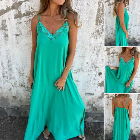 💃Dámské Maxi šaty se špagetovým popruhem s výstřihem do V a elegantním krajkovým lemem