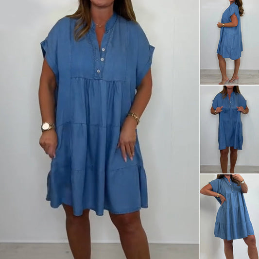 【S-3XL】Dámské ležérní jednobarevné krátké šaty se zapínáním na knoflíky