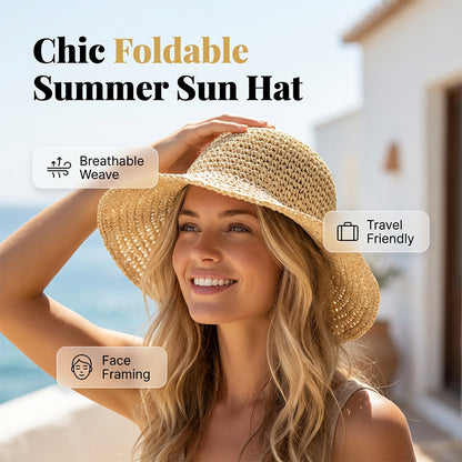 🌞 Stylový skládací slaměný klobouk se širokou krempou – UPF 50+, na léto – Na dobírku ✨