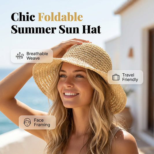 🌞 Stylový skládací slaměný klobouk se širokou krempou – UPF 50+, na léto – Na dobírku ✨